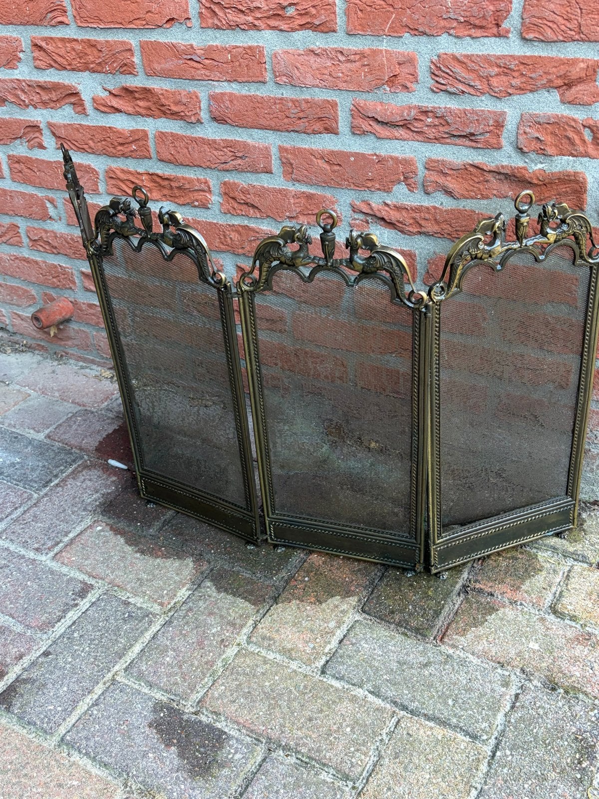 Antiek bronzen haardscherm met drakenmotief, Vintage, Gebruikt, Ophalen of Verzenden, Goud