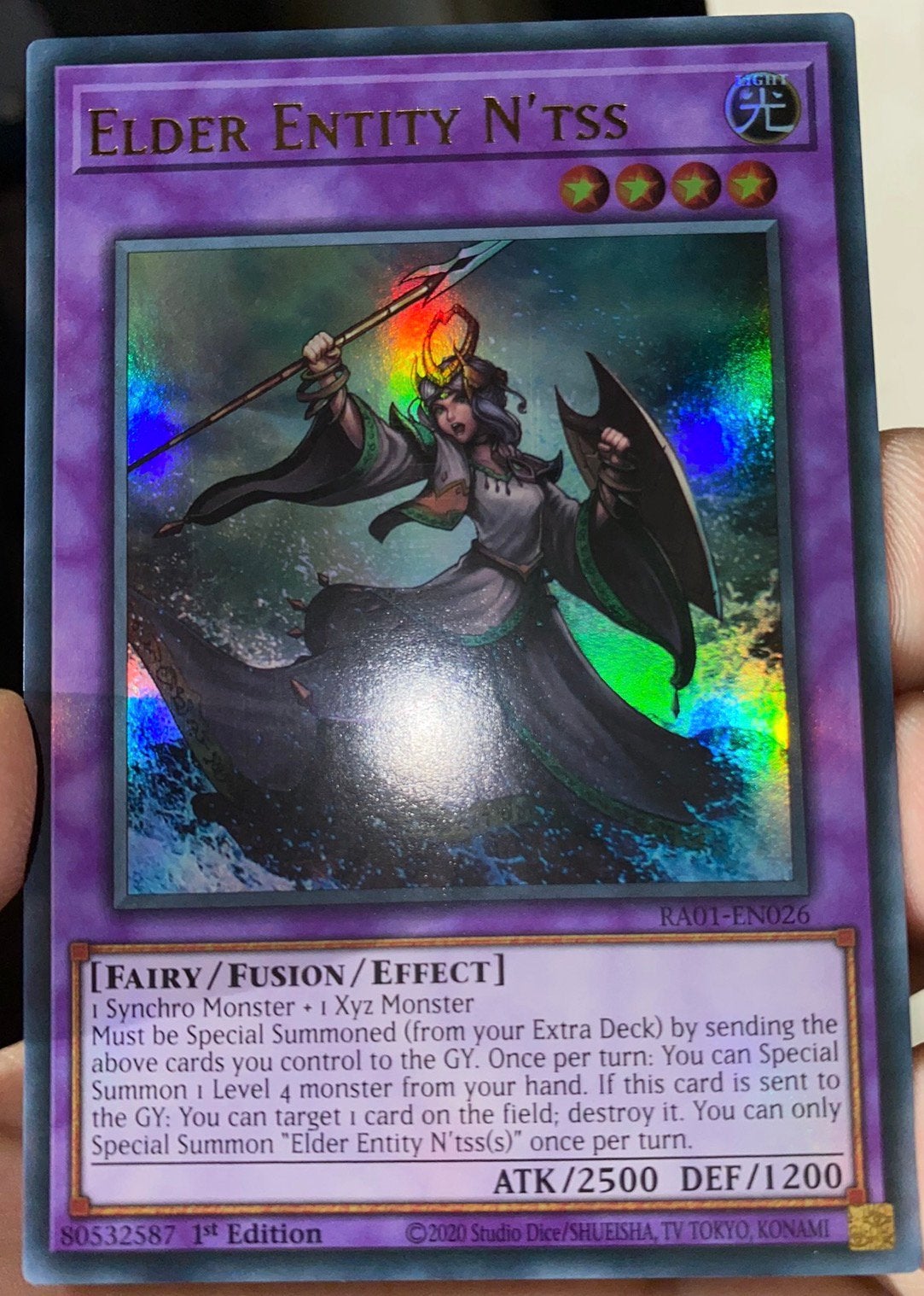 Yu-Gi-Oh! Elder Entity N'tss RA01 1st Edition !, Ophalen of Verzenden, Zo goed als nieuw, Losse kaart, Foil