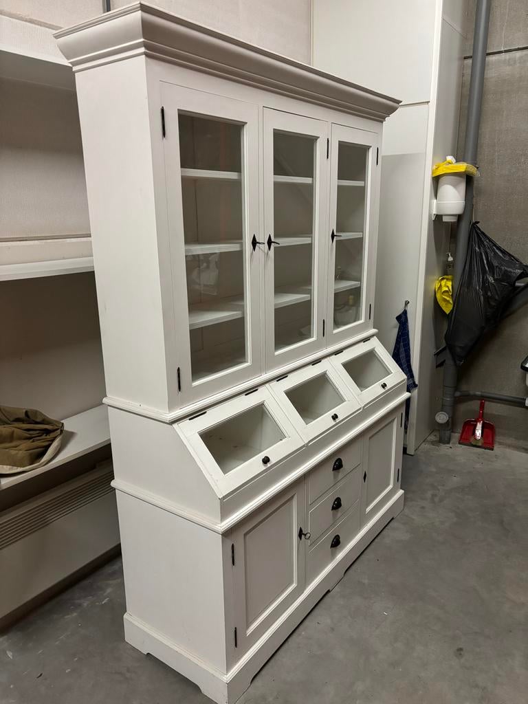 Prachtige witte buffetkast met vitrine en lades, Ophalen, Gebruikt, 200 cm of meer, 150 tot 200 cm