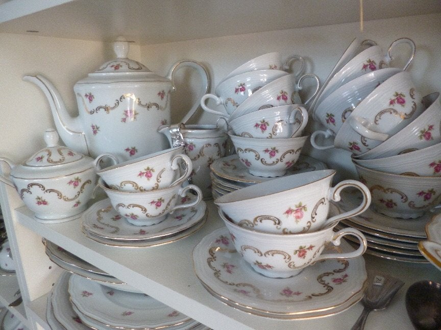 Koffieservies Rheinkrone Bavaria roze roosjes en goudluster, Ophalen of Verzenden