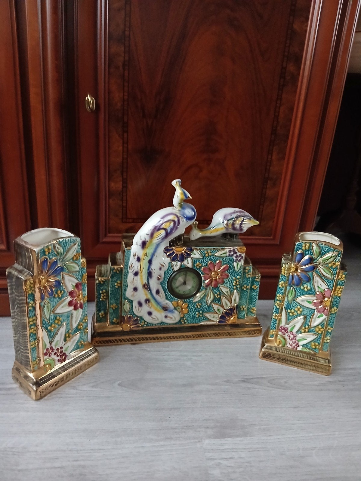 Antieke Art Deco Klokkenset met Pauwen en Bloemmotief, Ophalen of Verzenden