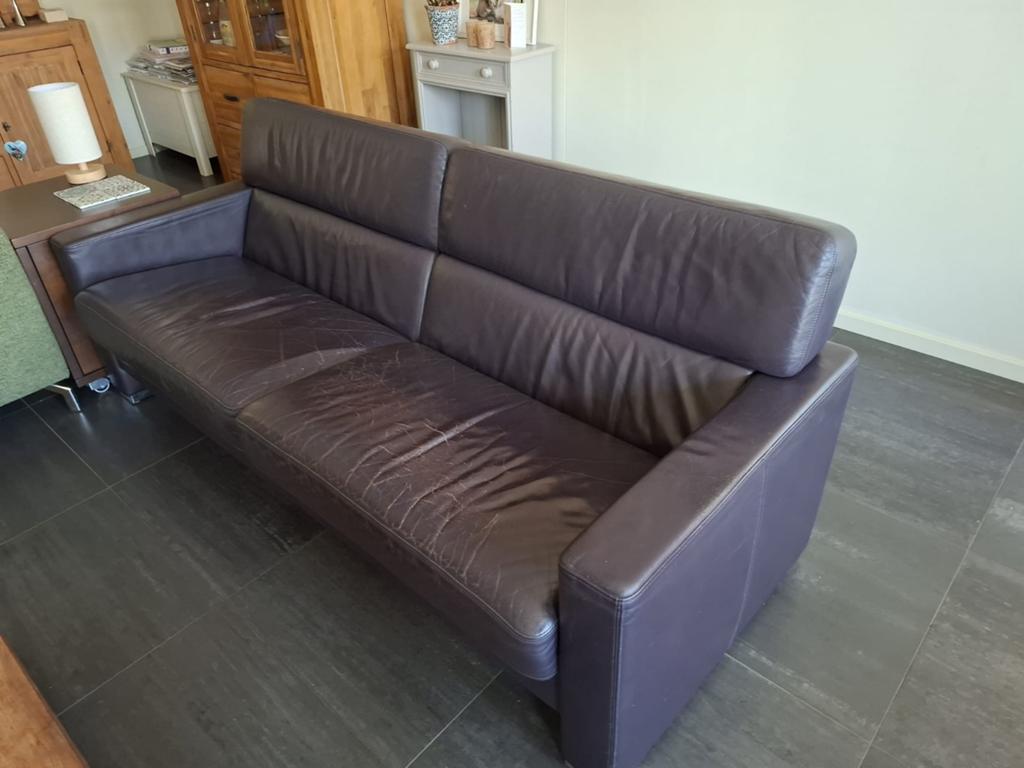 GRATIS bankstel + 2 fauteuils + hocker, Ophalen, Gebruikt, 75 tot 100 cm, Leer