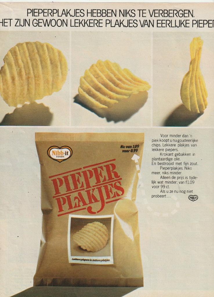 Retro reclame 1982 Nibb-it chips van eerlijke piepers, Verzenden, Overige typen