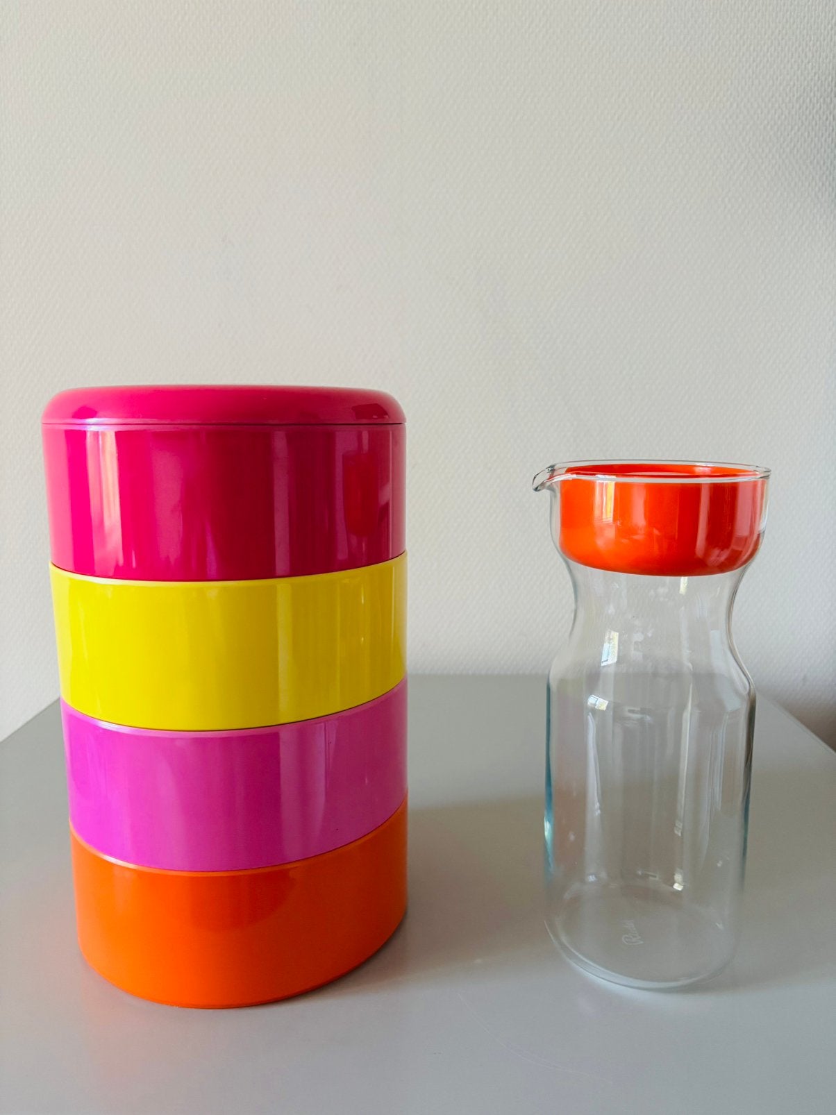 Vintage jaren 70 set snacktoren en Riedel sapkan, Ophalen of Verzenden, Huis en Inrichting