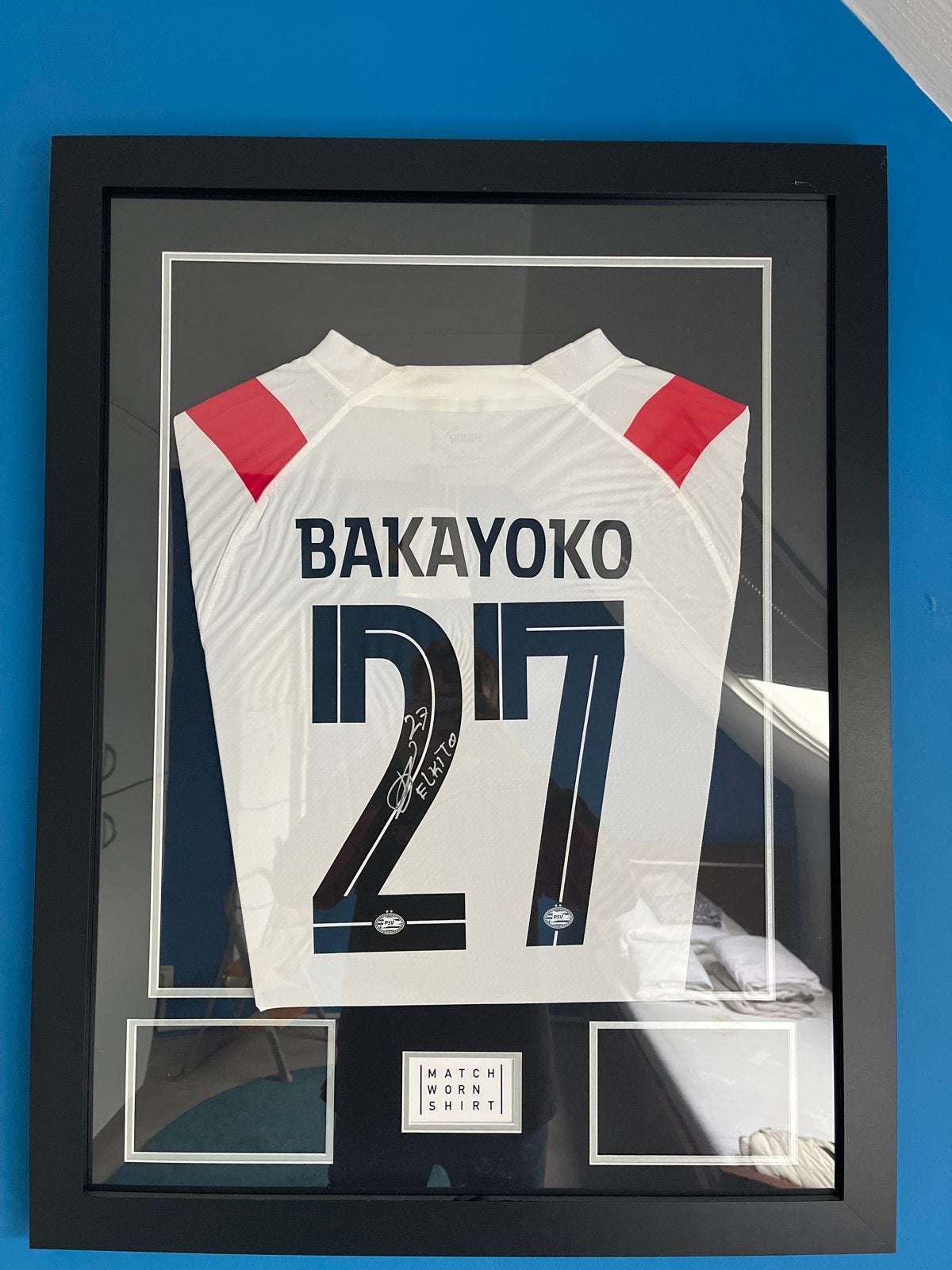 Gesigneerd wedstrijdshirt Bakayoko PSV  - Ingelijst, Ophalen, Zo goed als nieuw, Wit, Overige typen
