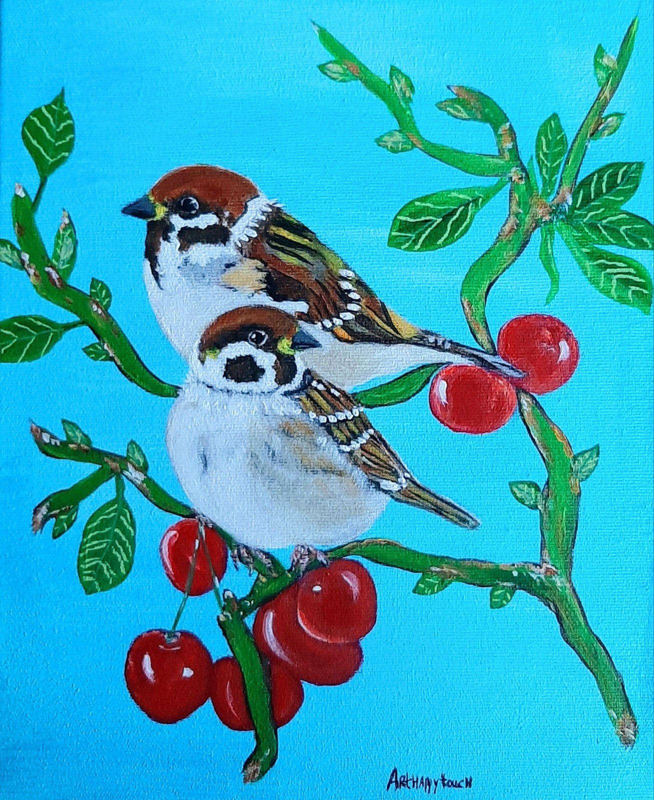 schilderij mussen op tak vrolijk acryl op canvas, Ophalen of Verzenden, Gesigneerd, Acrylverf, Dieren