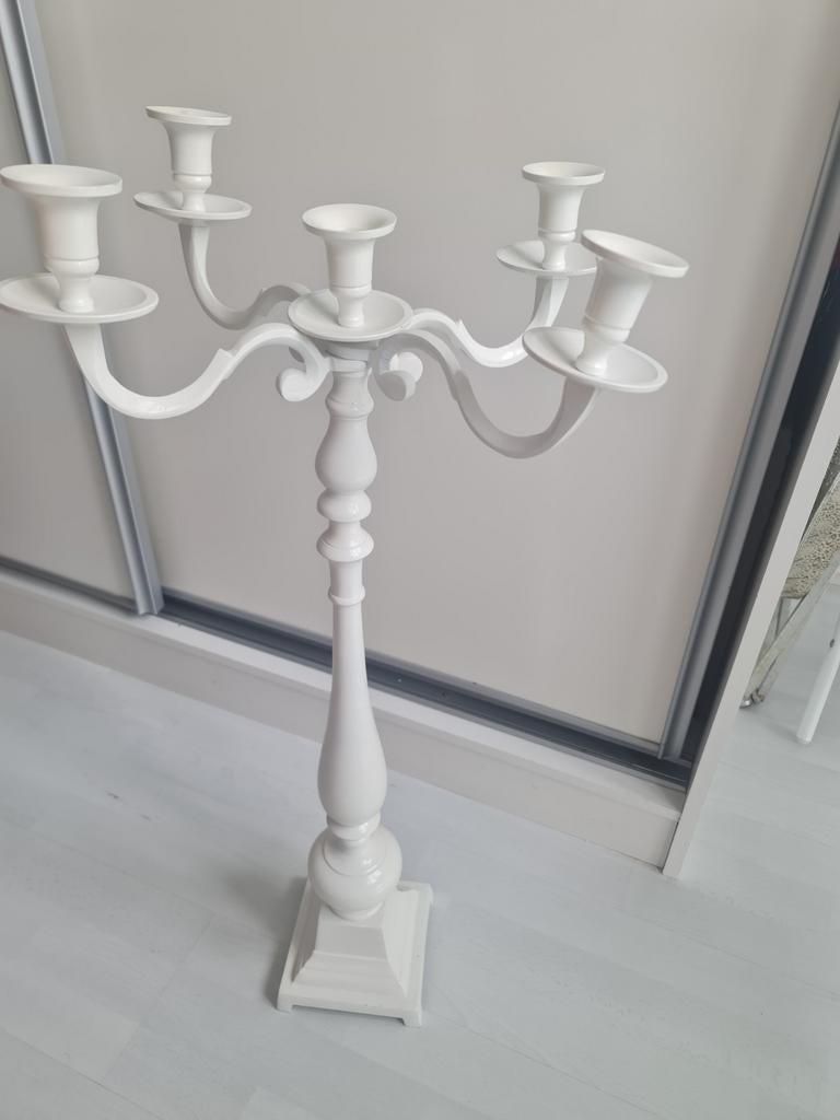 Grote metalen kandelaar met 5 armen, 80cm hoog, Gebruikt, Wit, Ophalen of Verzenden, Kandelaar