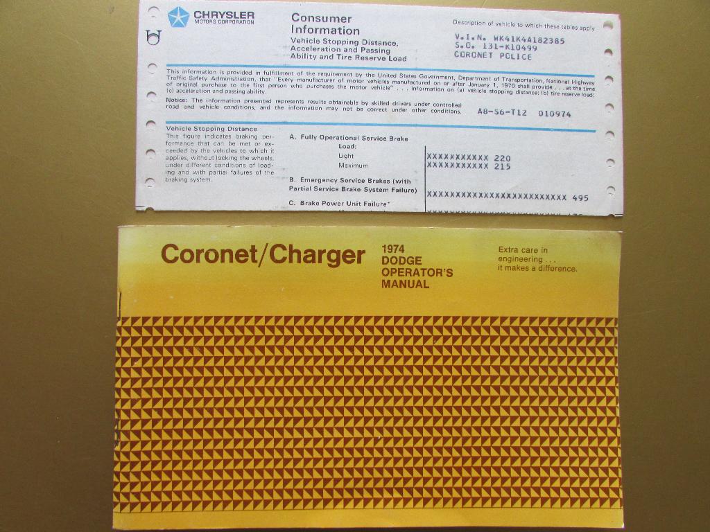 1974  Dodge Coronet/Charger owner's manual, Engels, Ophalen of Verzenden