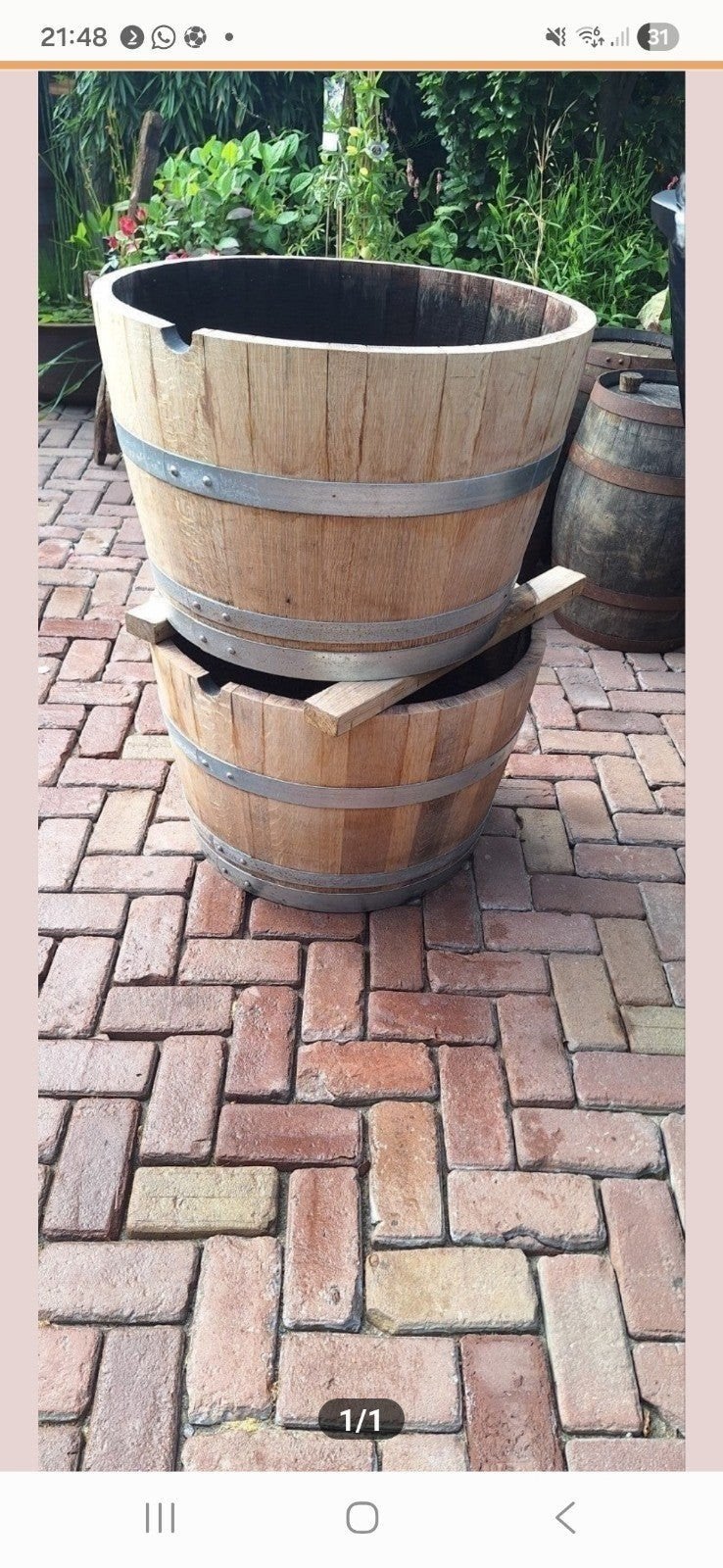 wijnvaten whiskyvaten bloembakken 70€, Tuin en Terras, Ophalen of Verzenden, Rond, Hout