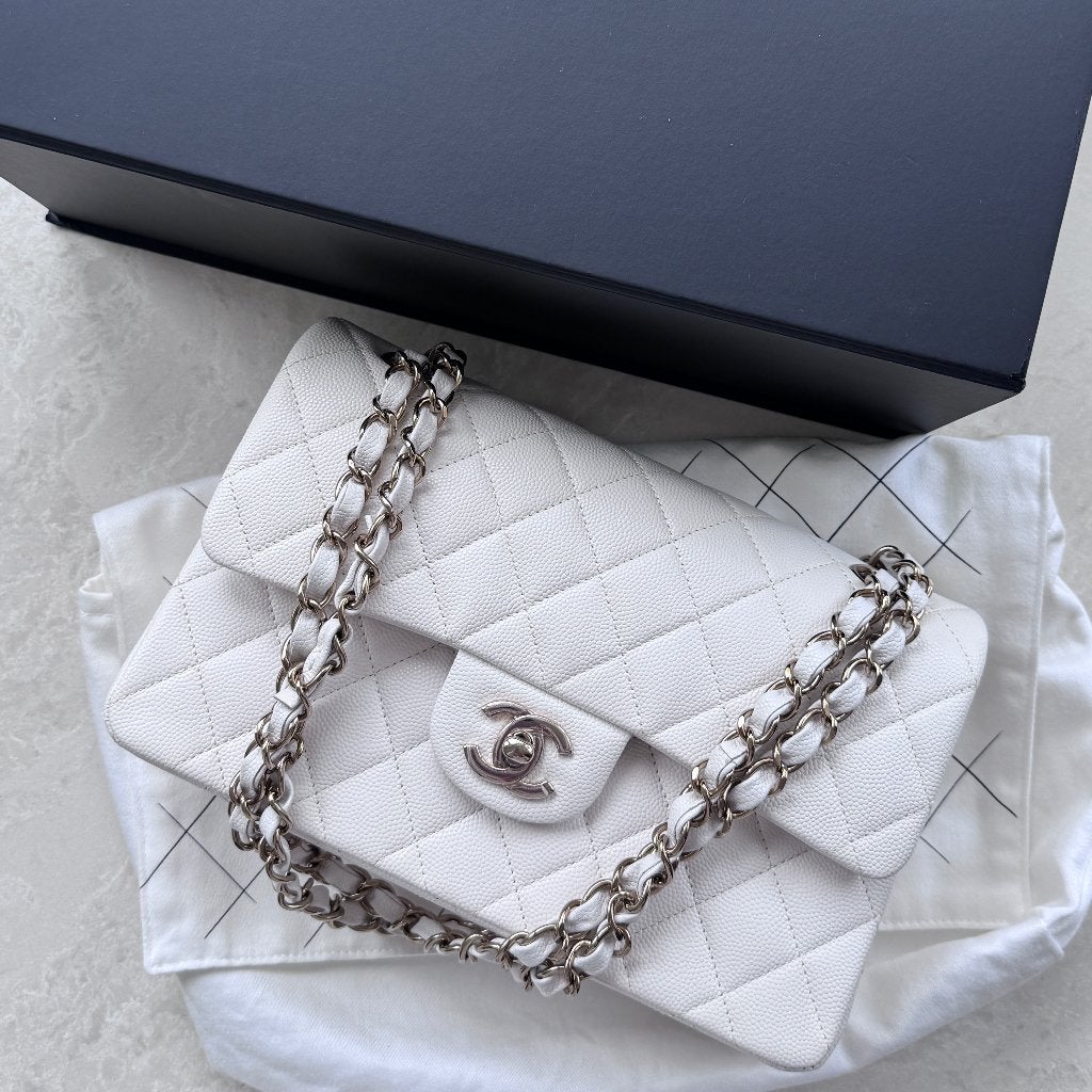 Chanel double classic flap small wit creme tas GHW goud