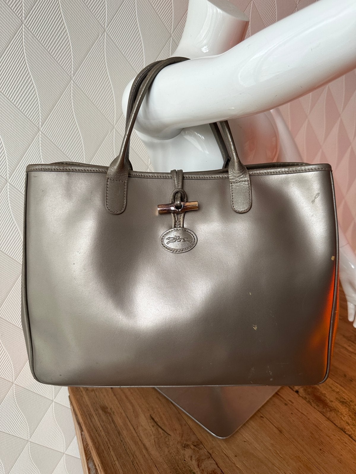 Longchamp metallic taupe/goud shopper, leer!, Ophalen of Verzenden, Gebruikt, Overige kleuren, Shopper