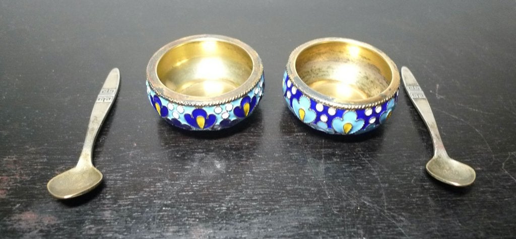 Complete set Russisch zout/kaviaar vaatje met lepels gemerkt, Ophalen of Verzenden, Zilver
