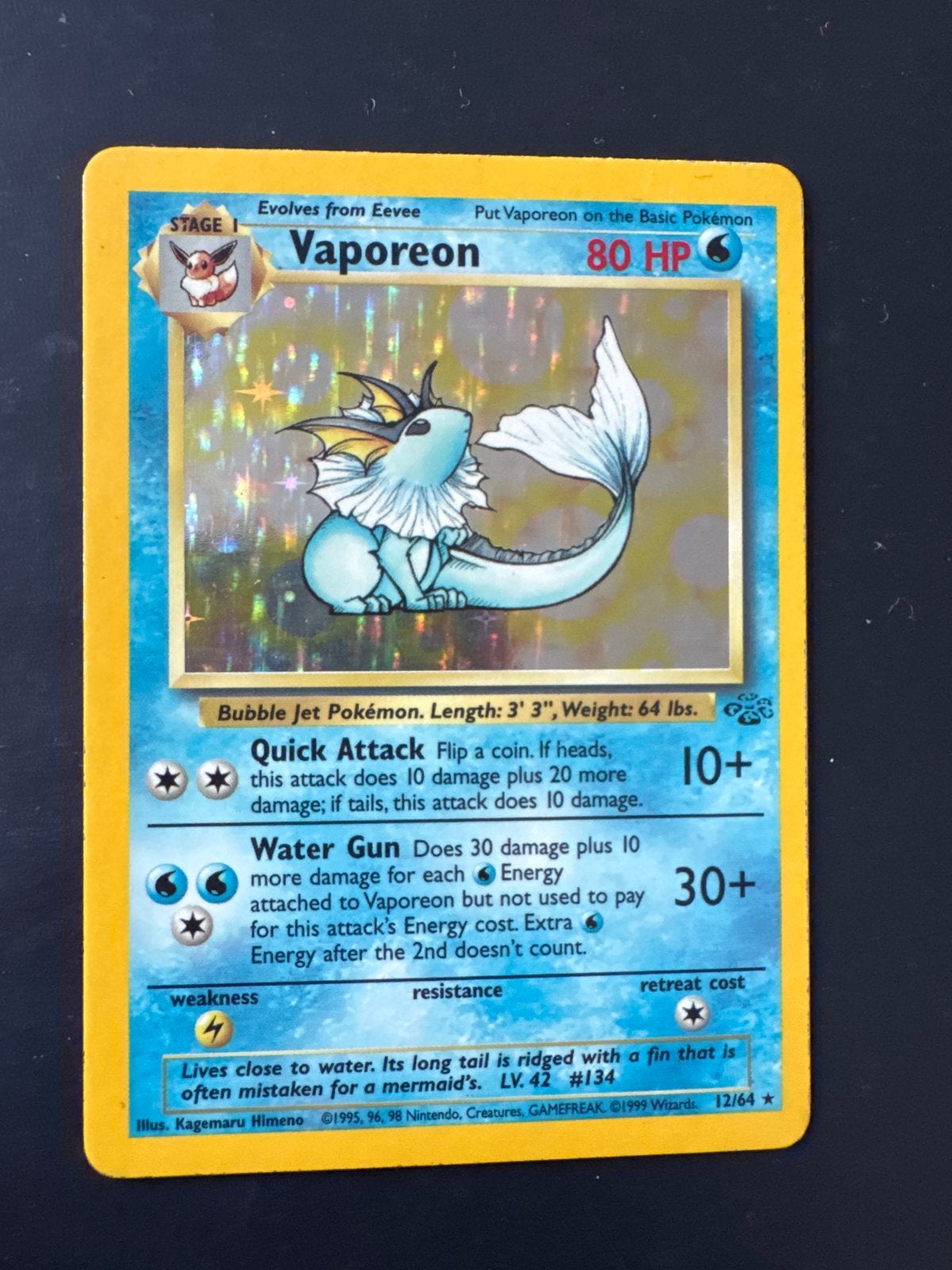 Vaporeon Holo 12/64 Jungle Set Pokémon Kaart, Ophalen, Gebruikt, Losse kaart, Foil