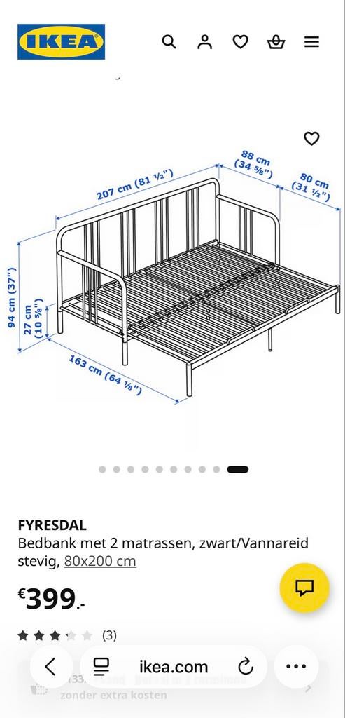 IKEA FYRESDAL Bedbank met 2 matrassen, zwart, 80x200 cm, Huis en Inrichting, Slaapkamer | Bedden, Zwart, Tweepersoons, Ophalen of Verzenden