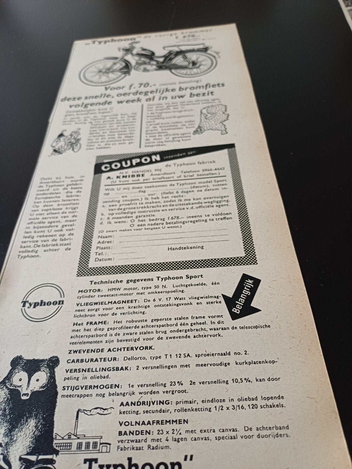 advertentie van de atyphoon bromfiets 1956, Verzamelen, Ophalen of Verzenden, Zo goed als nieuw, Overige typen