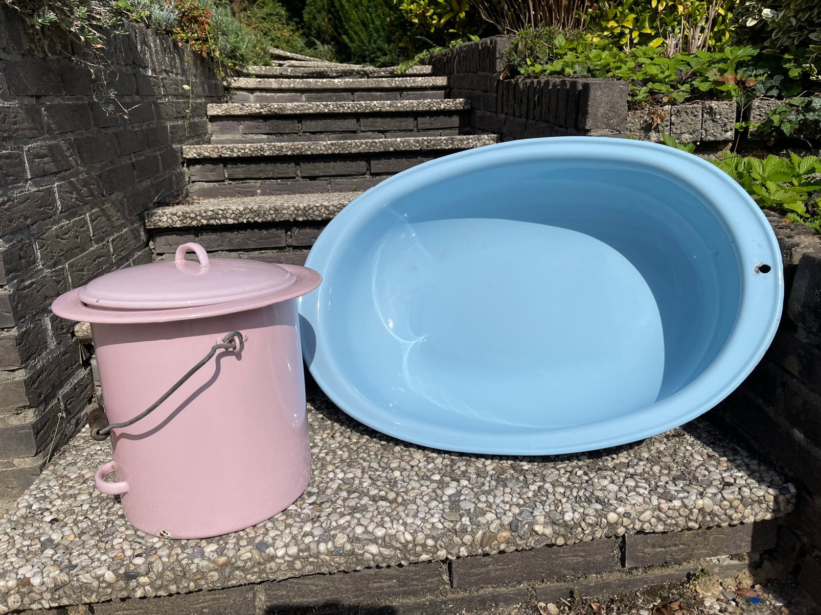 Brocante toiletemmer en badje emaille, Ophalen, Gebruikt