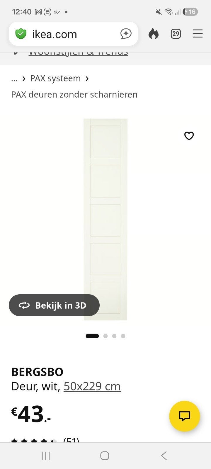 ikea pax deur bergsbo, Ophalen, 200 cm of meer, 50 tot 100 cm, Zo goed als nieuw