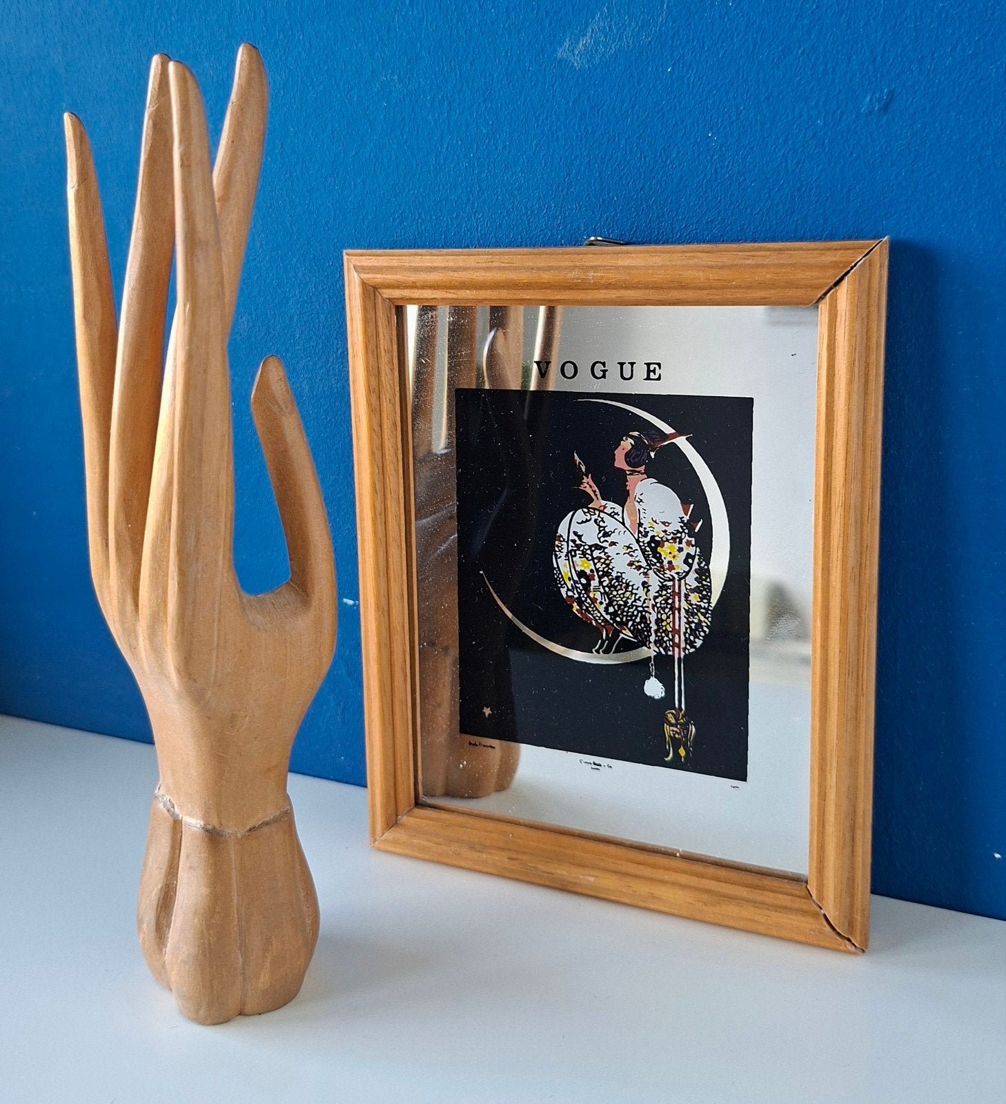 Mini spiegel Art Deco/Vogue & Balinese houten hand, Minder dan 50 cm, Gebruikt, Ophalen of Verzenden, Minder dan 100 cm