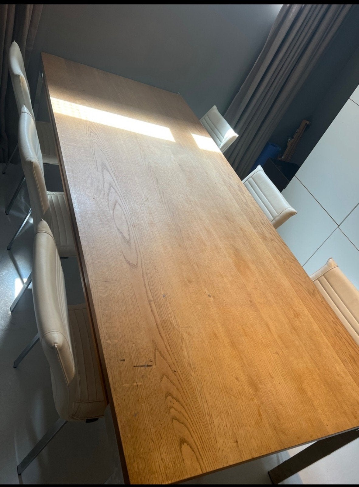 design tafel eikenblad plus 6 leren stoelen, Gebruikt, Eikenhout, 200 cm of meer, Vijf personen of meer