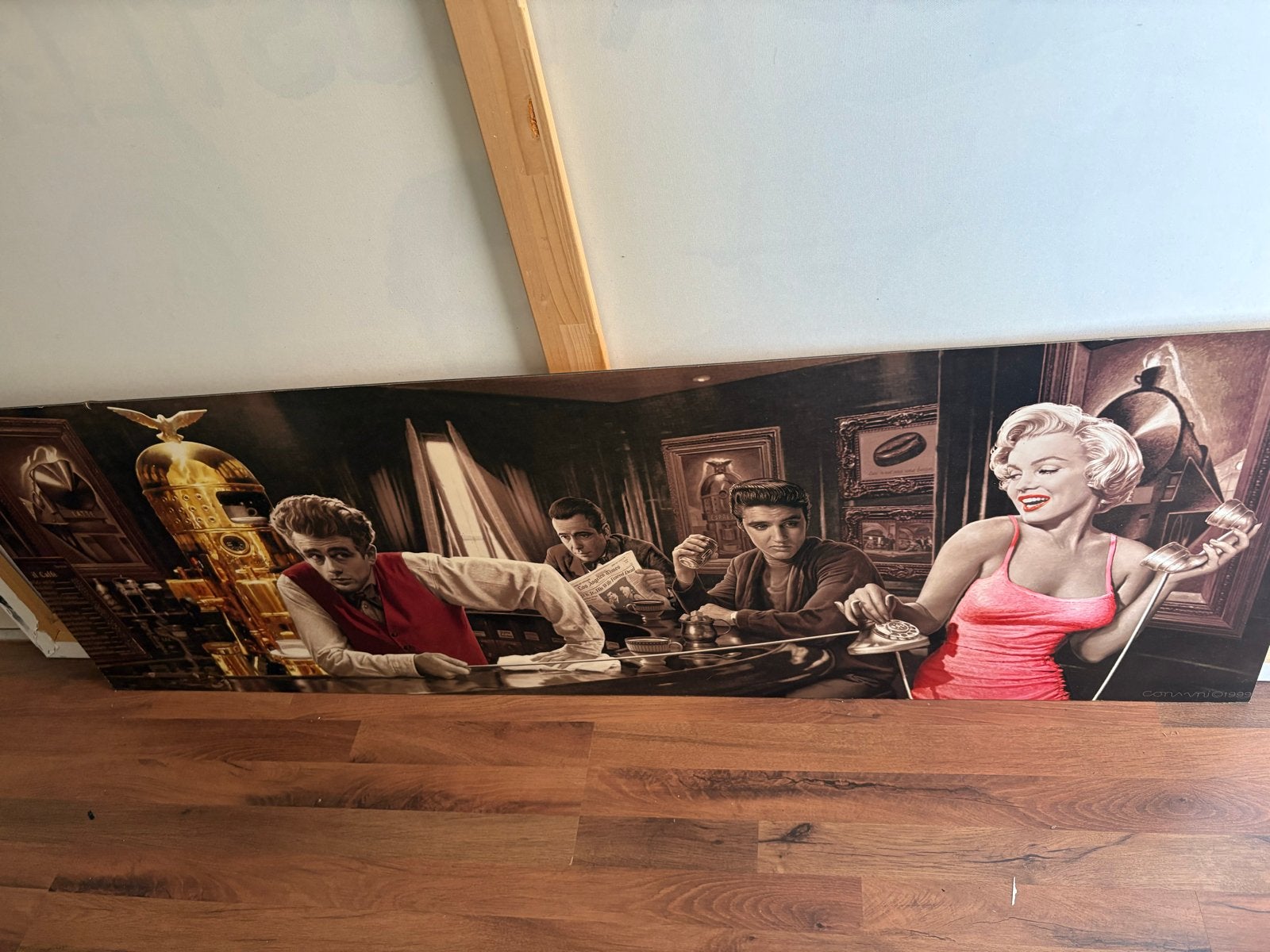 Uniek schilderij met iconische figuren - James Dean, Elvis,, Ophalen, Film, Hout, Print