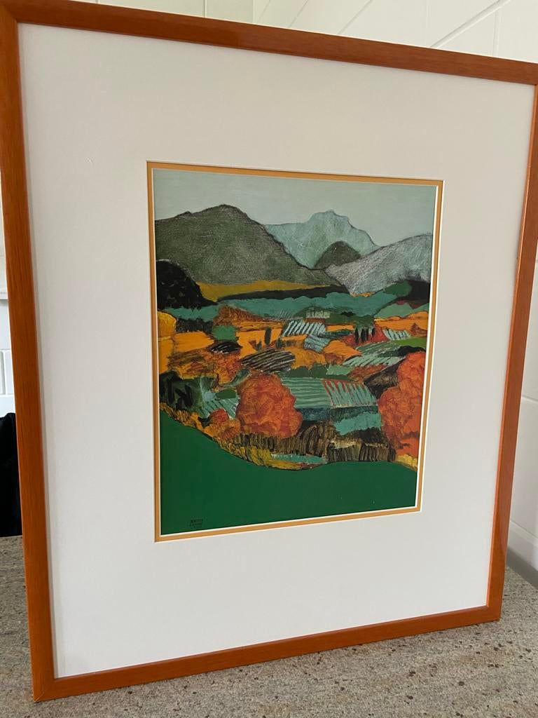 Litho Jeroen Krabbé - Landschap met bergen en velden, Ophalen
