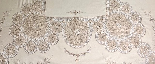 Antiek Frans tafelkleed met 12 servetten Richelieu handwerk, Ophalen of Verzenden