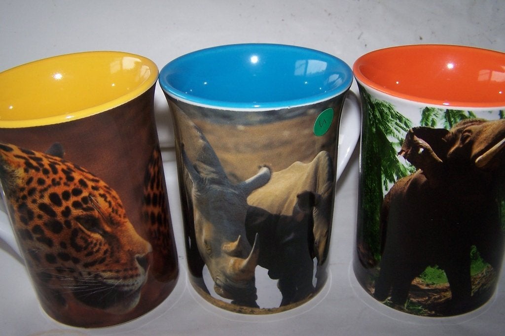 WWF Mokken Set: Luipaard, Neushoorn, Olifant., Overige merken, Keramiek, Zo goed als nieuw, Overige stijlen