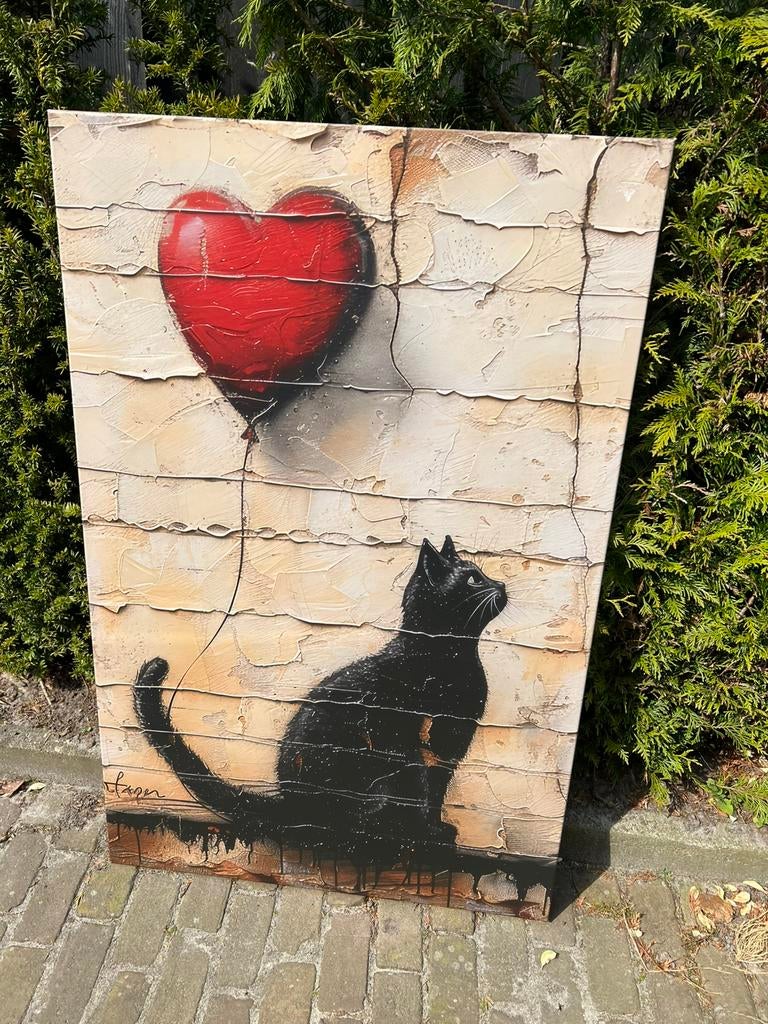 Canvas Banksy kat/ ballon xl €25,- afhaal, Ophalen, 125 cm of meer, Zo goed als nieuw, Schilderij