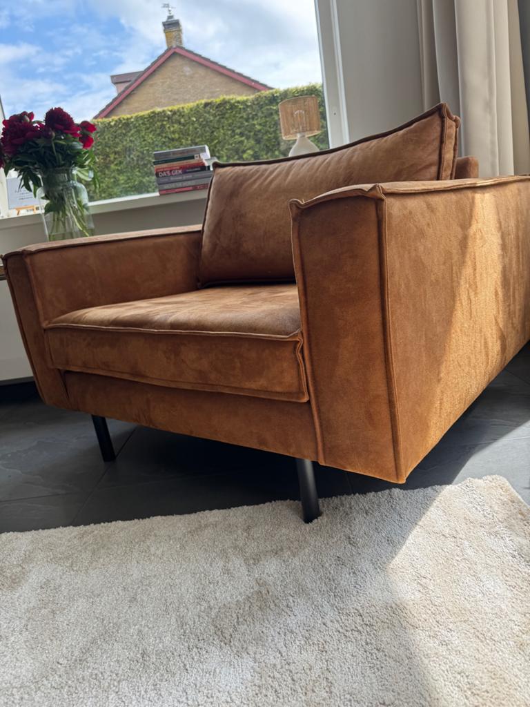Comfortabele cognac fauteuil - love seat - Zo goed als nieuw, Ophalen, Bruin, Leer, Zo goed als nieuw