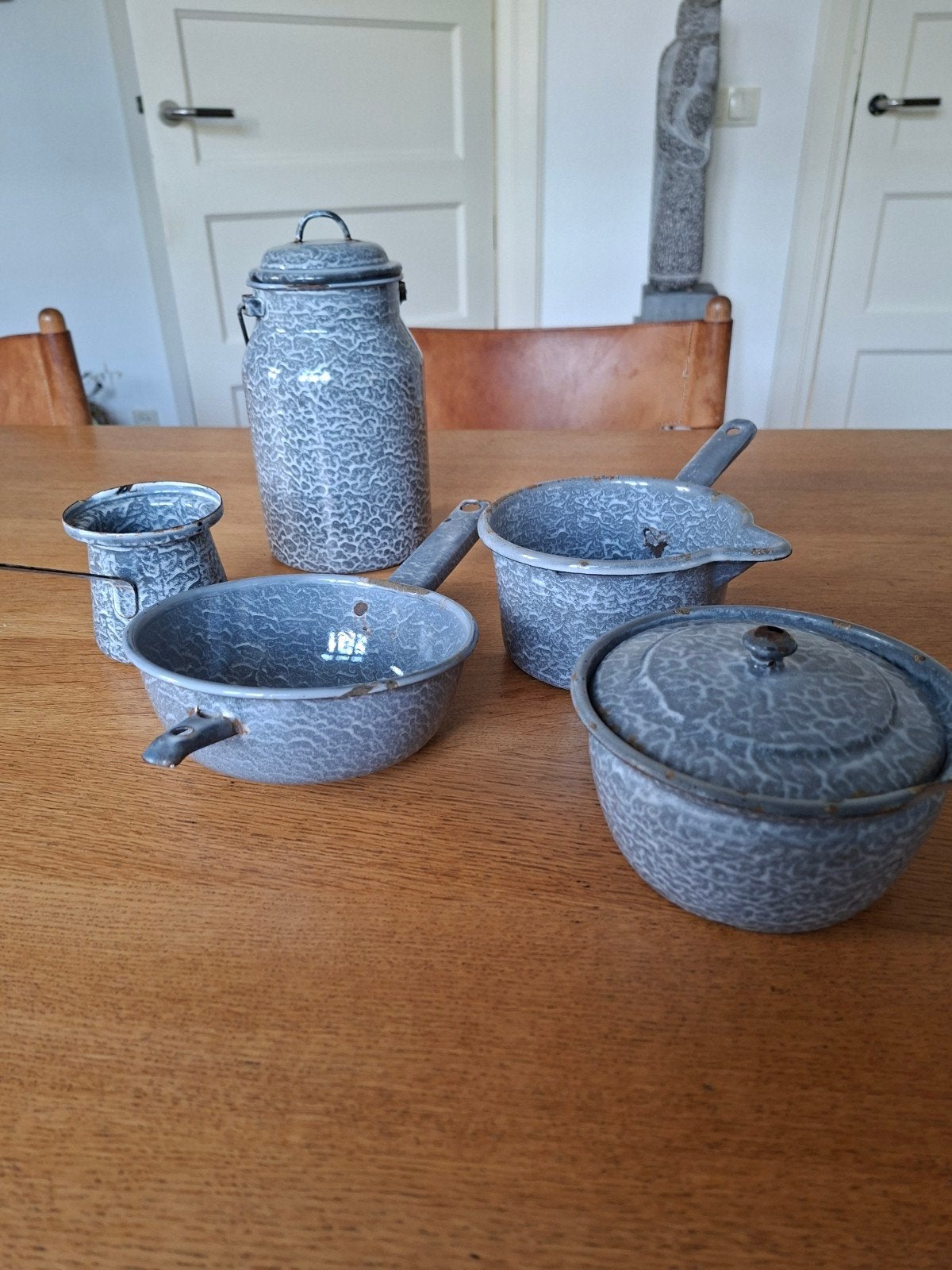 Grijs gewolkt emaille spullen, Antiek en Kunst, Ophalen of Verzenden