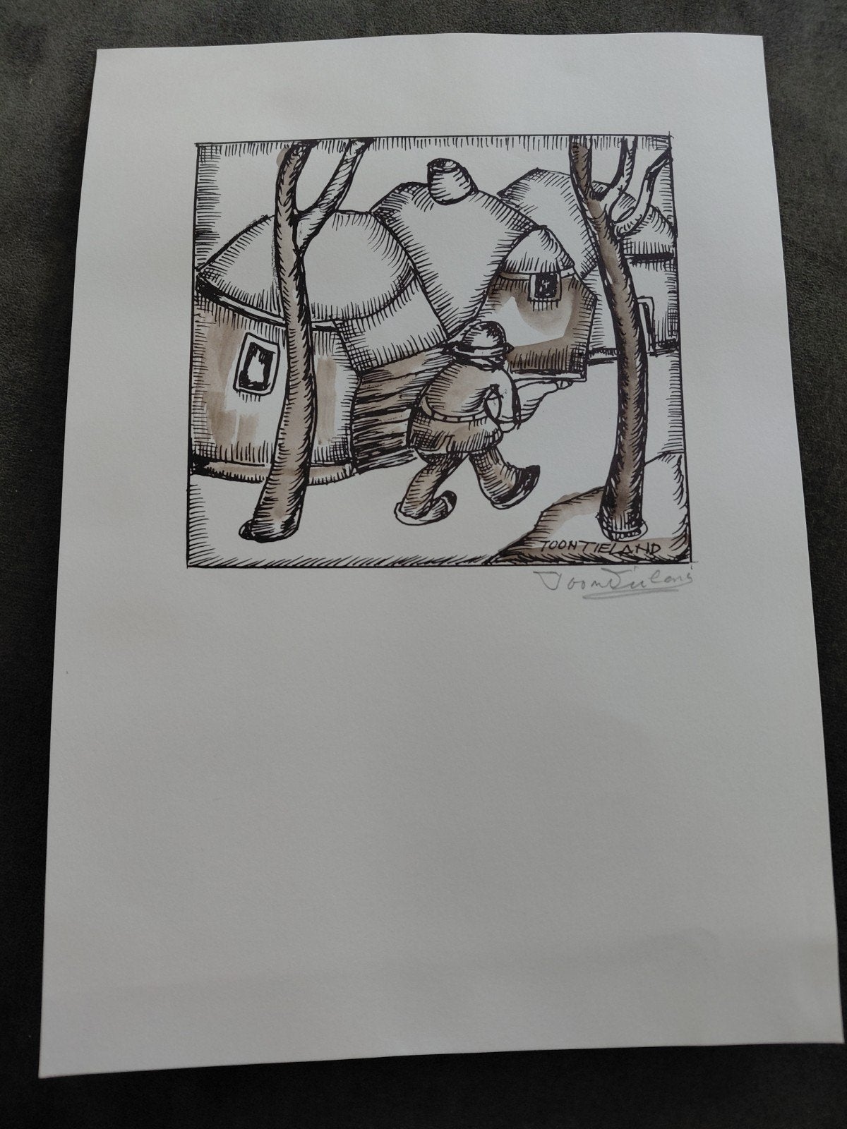 Prent van Toon Tieland, Antiek en Kunst, Ophalen of Verzenden, Pentekening, Gesigneerd