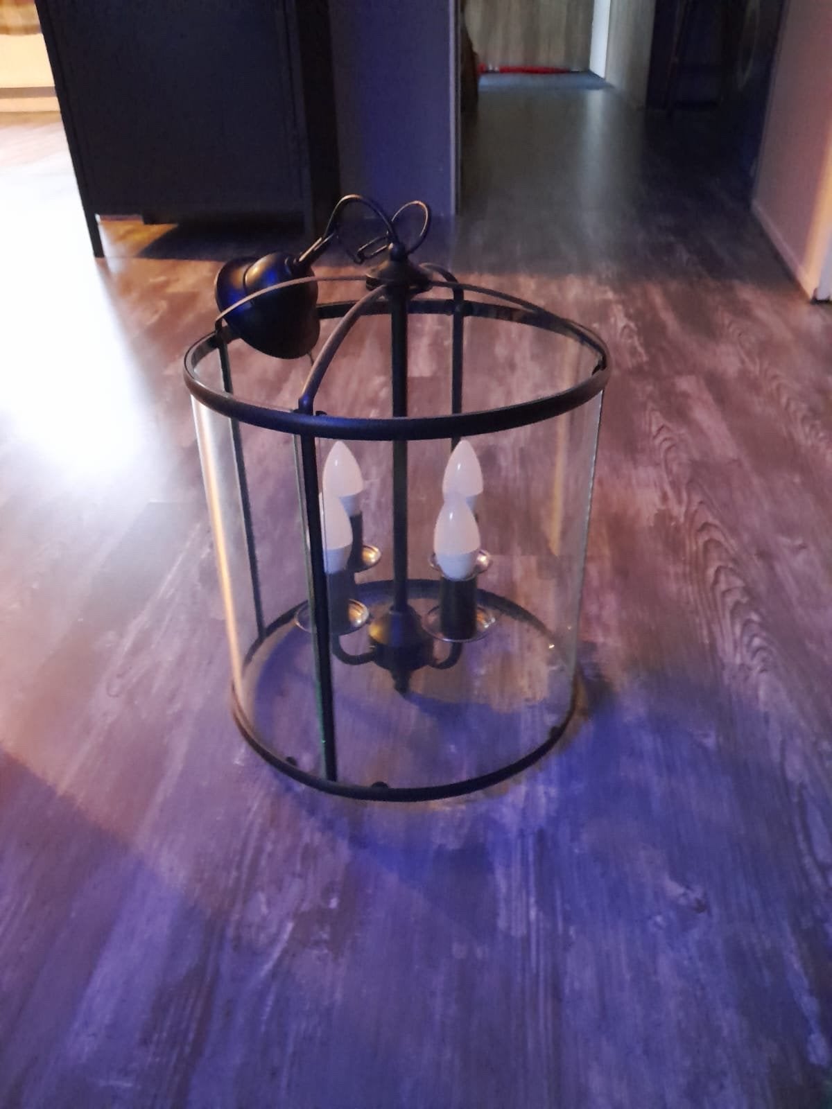 Stijlvolle hanglamp met glazen cilinder en 4 lichtpunten, Ophalen, Zo goed als nieuw, Glas, E14 (klein)