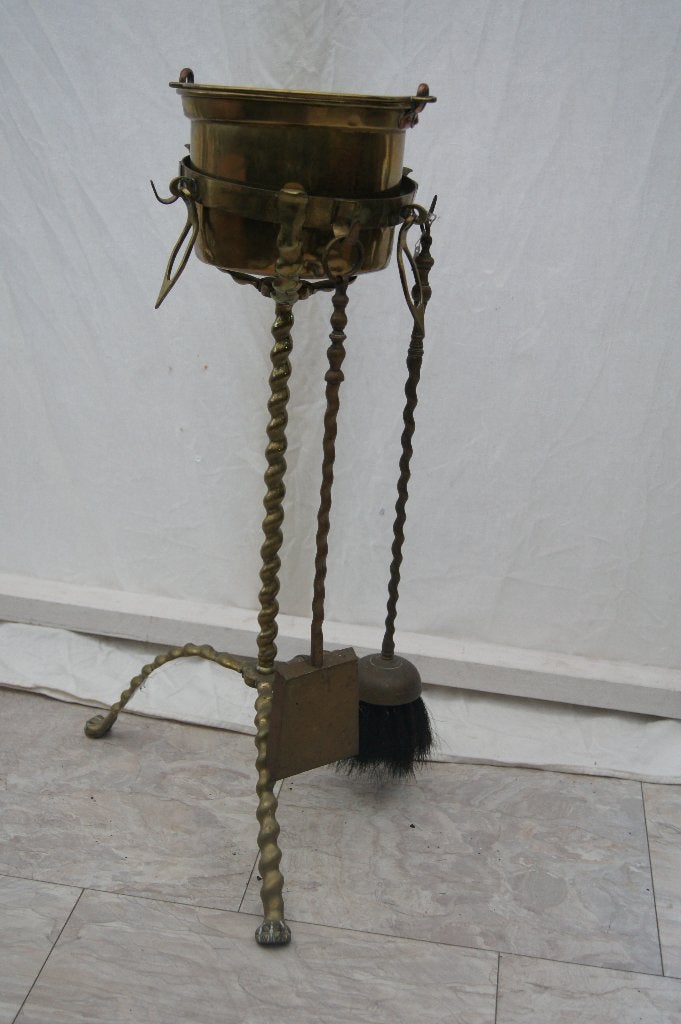 Antiek koperen haardset met kolenkit / gereedschap( Diversen, Antiek en Kunst, Ophalen of Verzenden, Koper