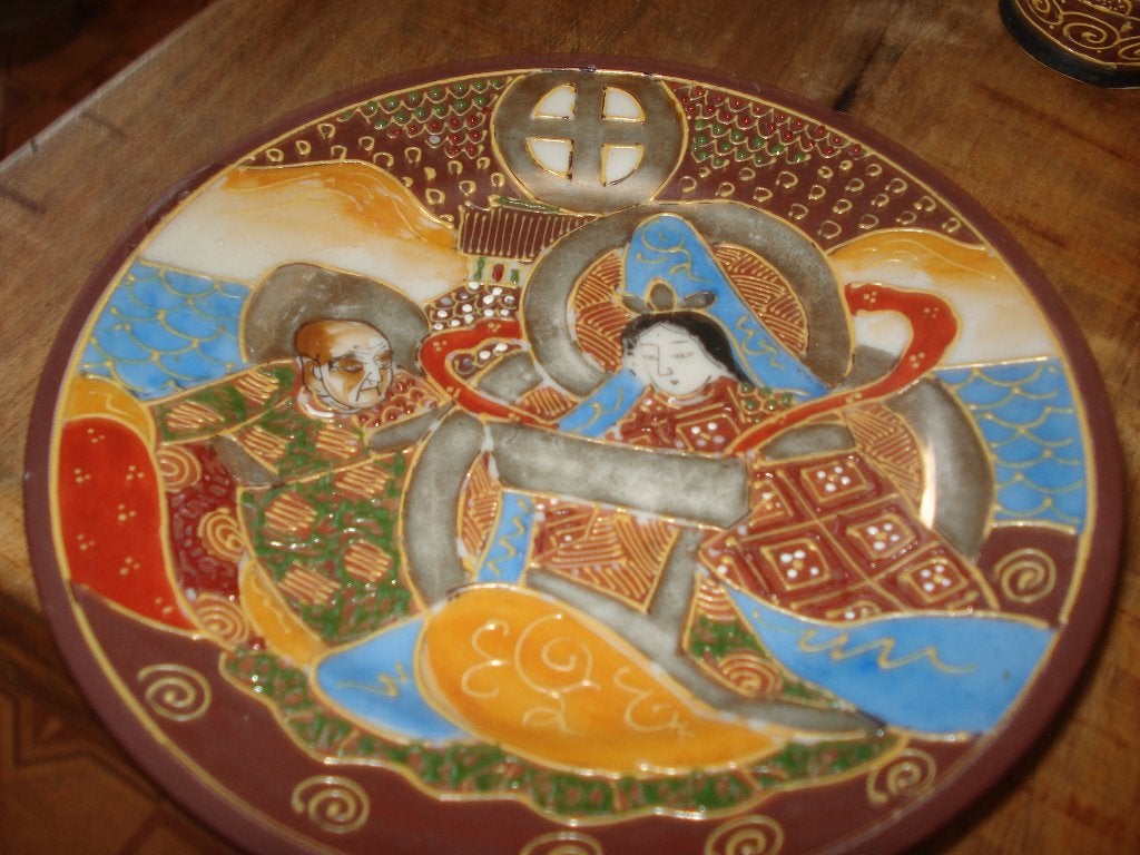 Antiek Japans Satsuma Aardewerk Bord met Figuren, Ophalen of Verzenden