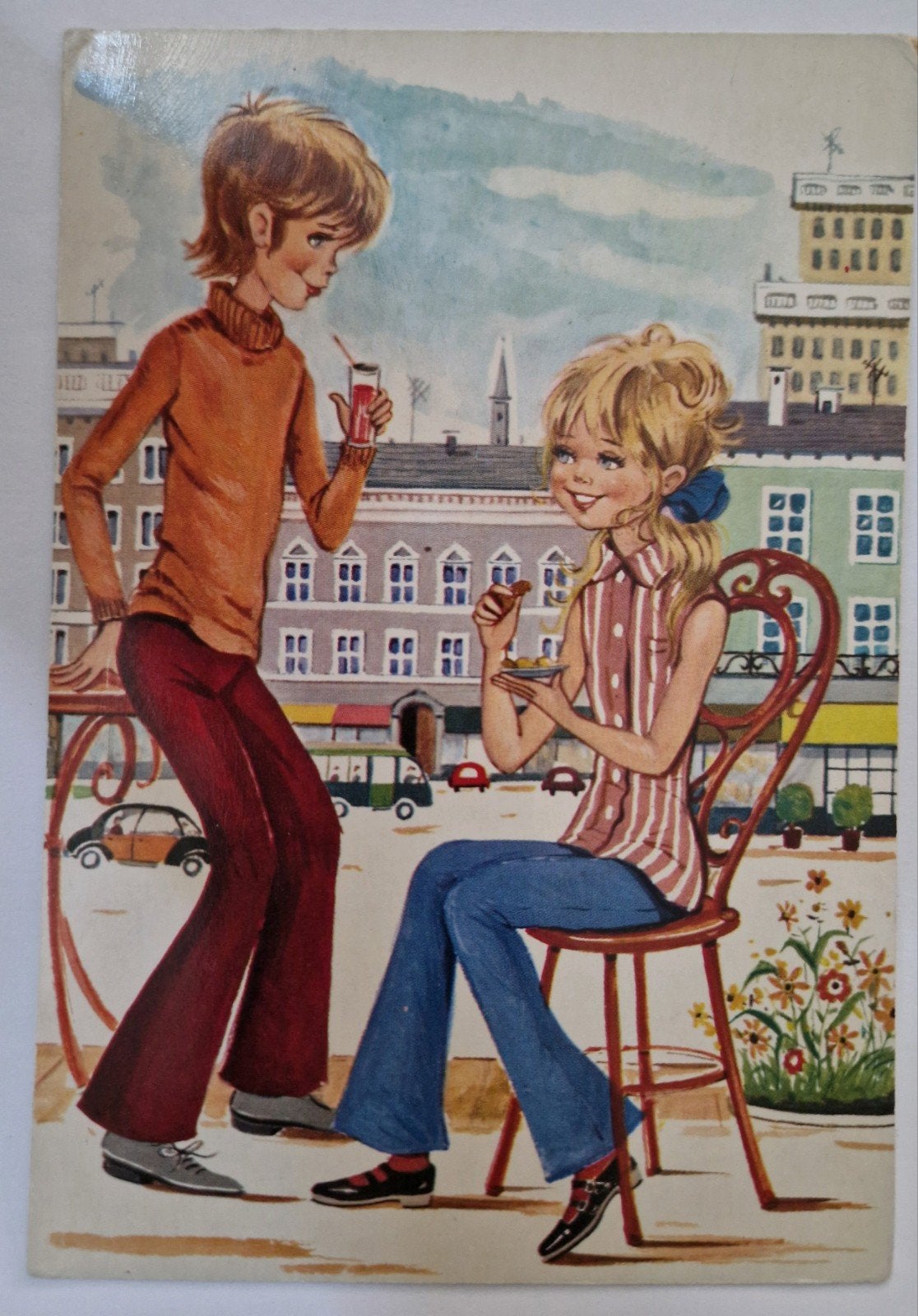 63.Vintage Jaren '60 Ansichtkaart: Jong Paartje op Terras, Verzamelen, Ansichtkaarten | Themakaarten, Ophalen of Verzenden, 1960 tot 1980