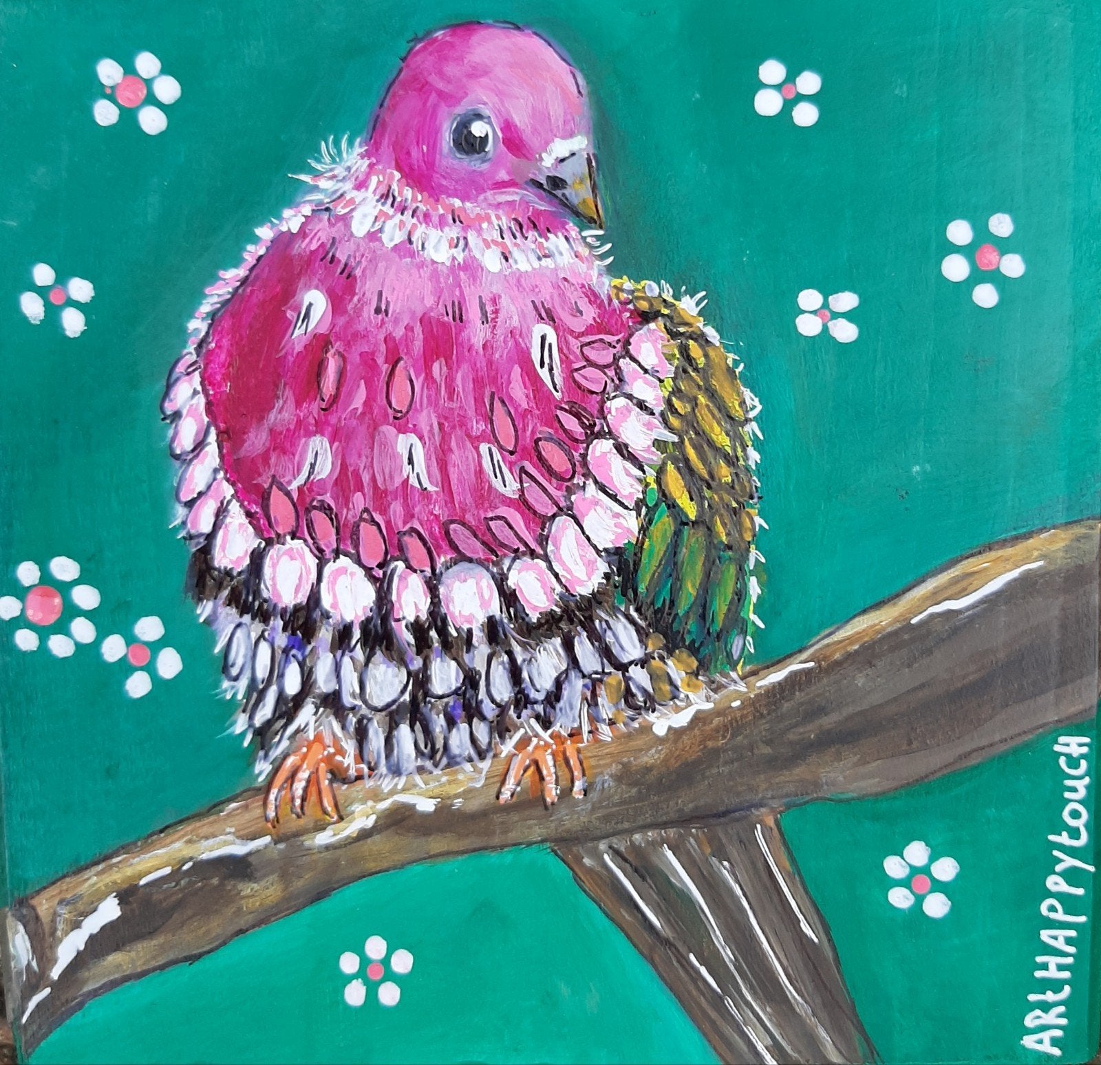 Schilderijtje kleurrijk Duifje op hout in acryl, Antiek en Kunst, Ophalen of Verzenden, Acrylverf, Dieren