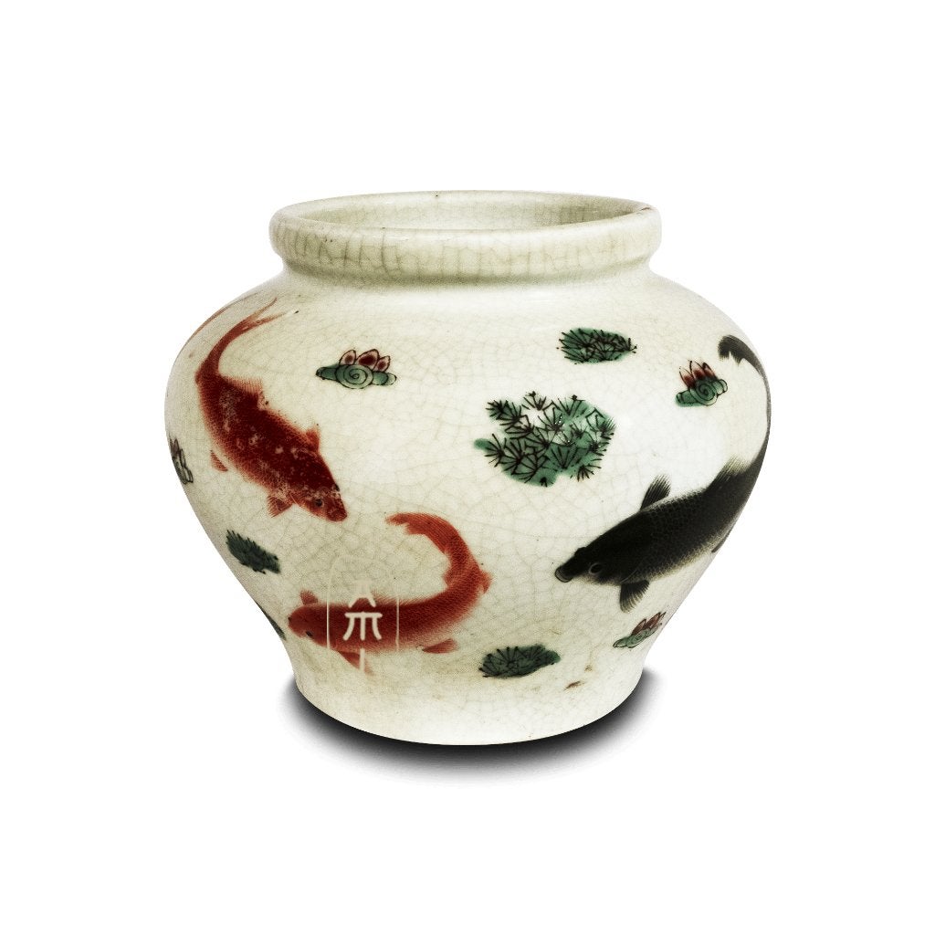 Kleine Chinese vaas met vissen en vlinders - 15 cm, Meerkleurig, Nieuw, Handgemaakt, Steen/keramiek