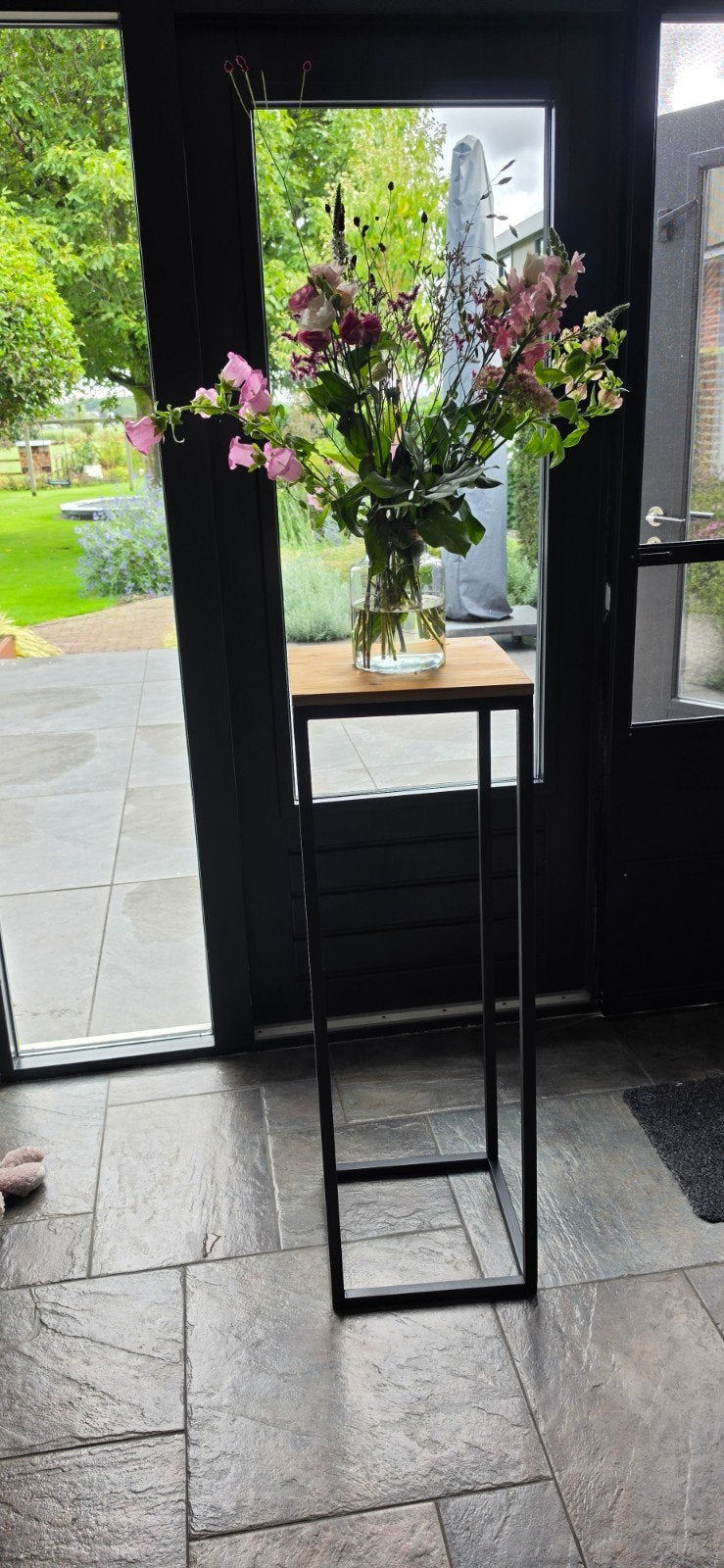 Metalen zuil met houten blad - 33x33x100 cm, Ophalen, Gebruikt