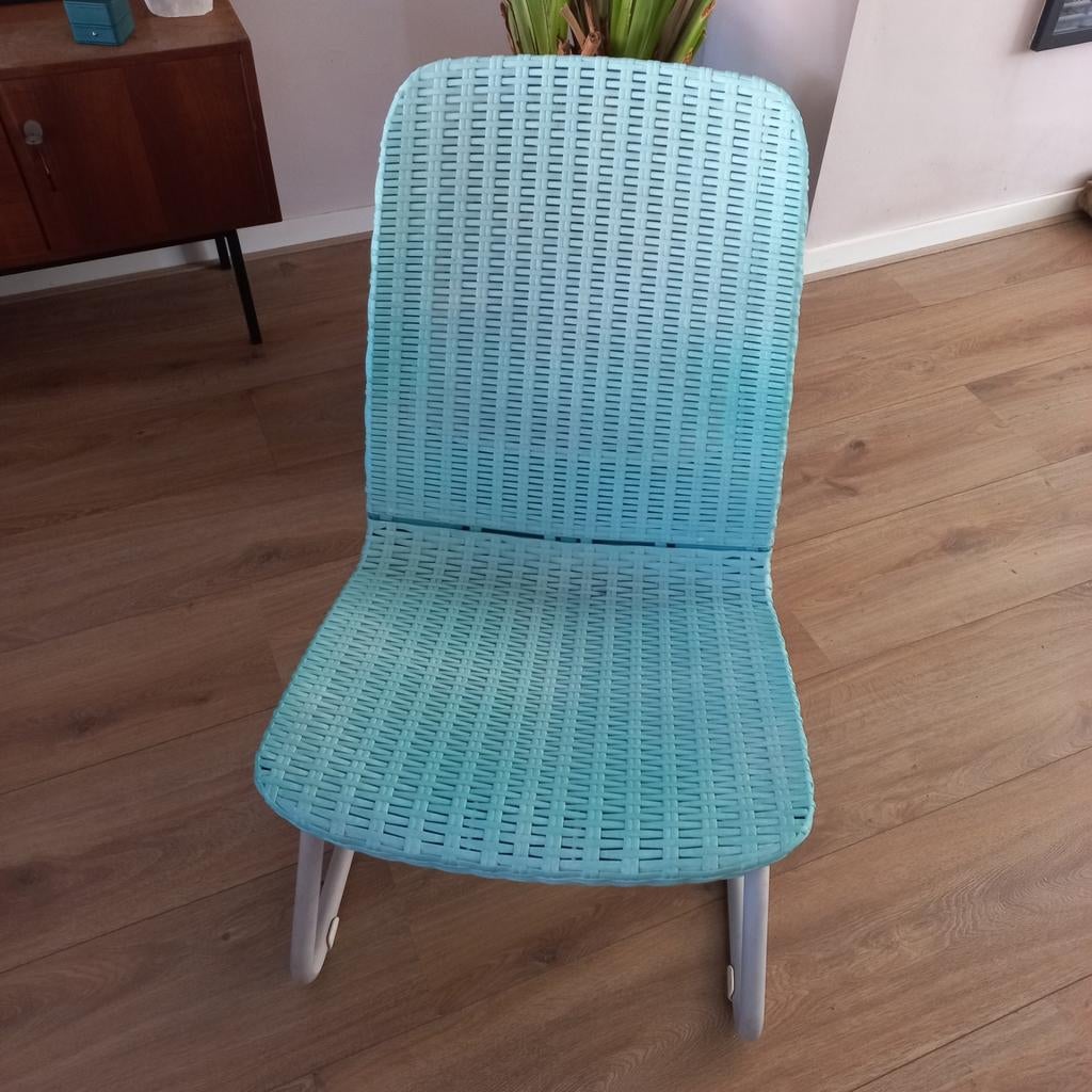Turquoise tuinstoel met metalen onderstel, Ophalen, Gebruikt, Overige kleuren, Metaal
