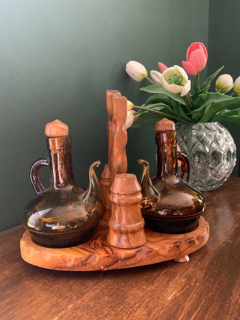 Vintage olie azijnstel amber glas & hout retro jaren 60, Ophalen of Verzenden
