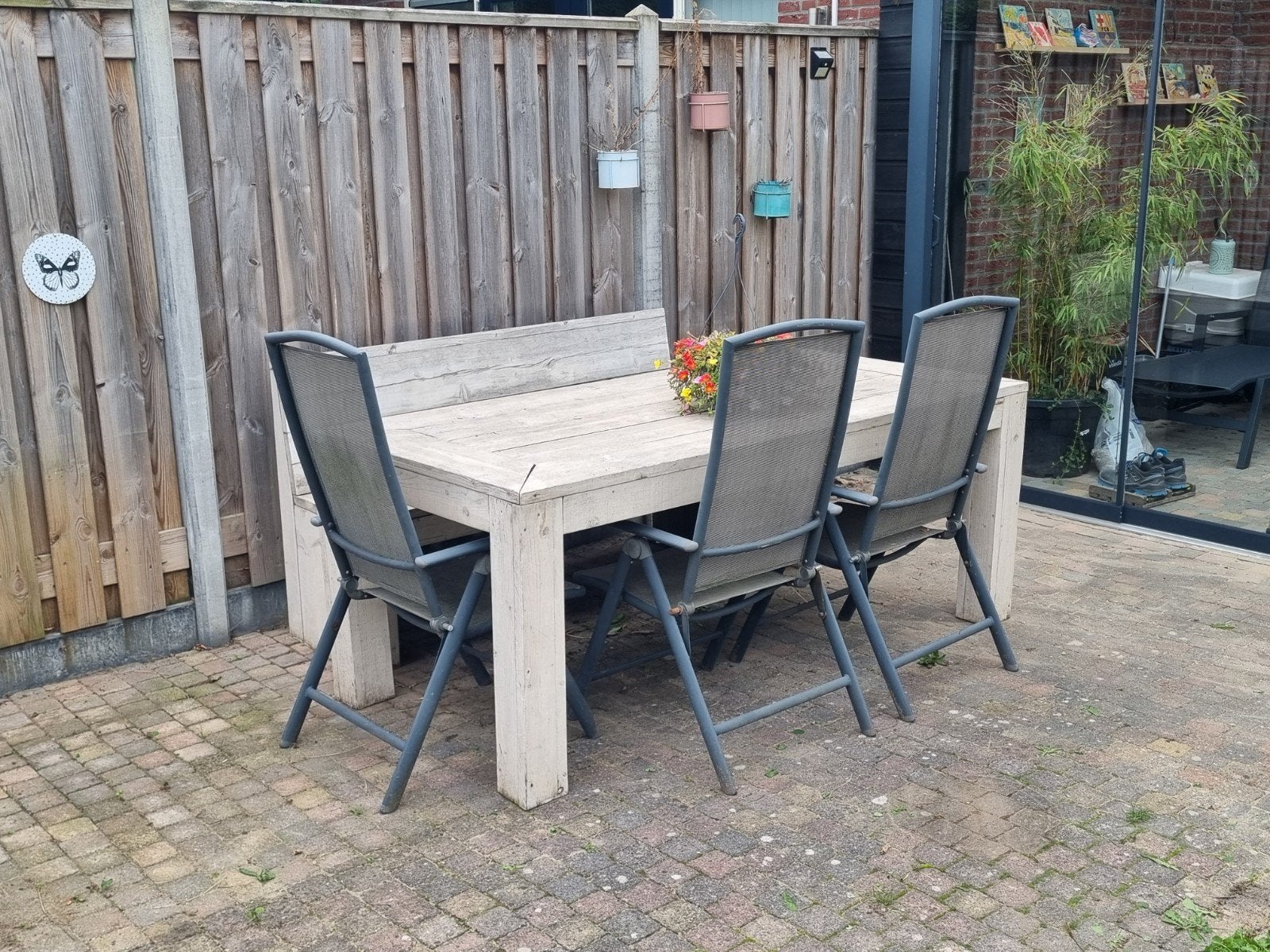 steigerhouten tuintafel met tuinbank en stoelen, Tuin en Terras, Ophalen, Gebruikt, Steigerhout