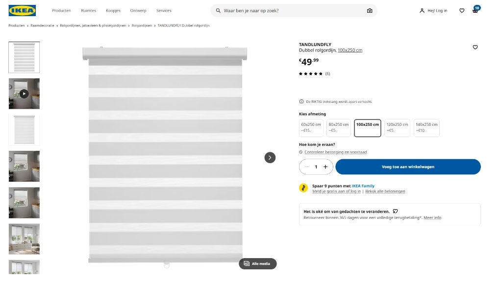 Rolgordijn Ikea (tandlundfly) 2x 1m breed, Ophalen, Inclusief montageonderdelen, Gebruikt, Wit