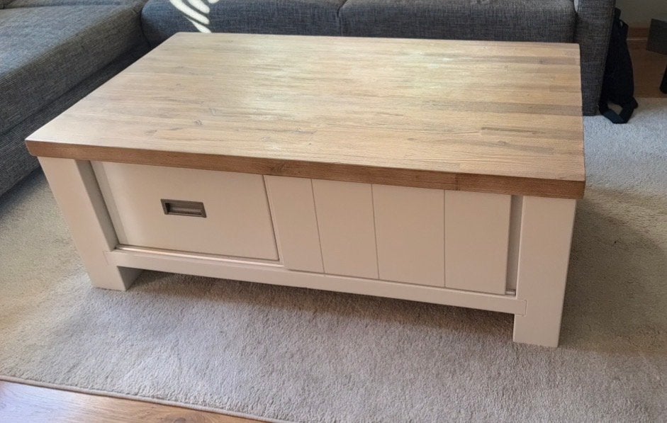 Salontafel met lade en schuifdeur - Landelijke stijl, Ophalen, Gebruikt, 100 tot 150 cm, 50 tot 100 cm