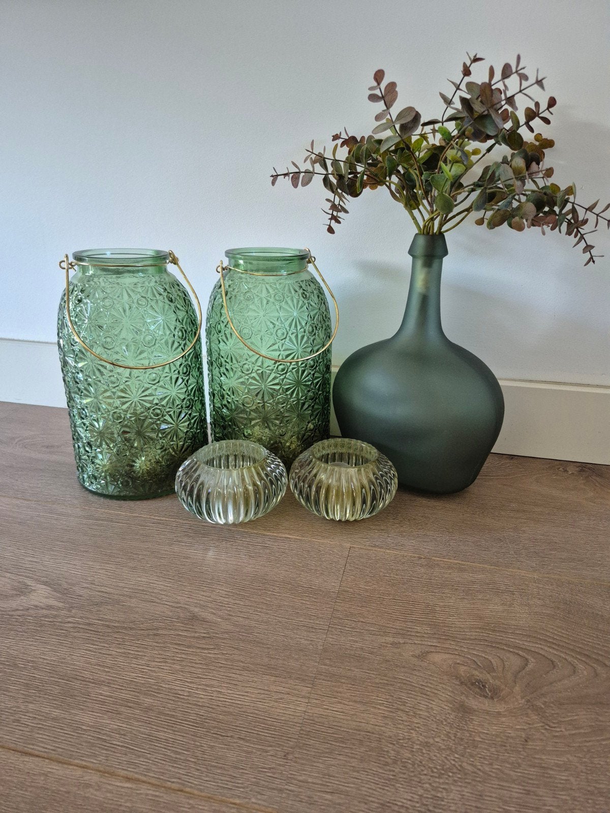 Set van 3 groene glazen vazen en theelichthouders, Ophalen, Met patroon/structuur, Groen, Glas