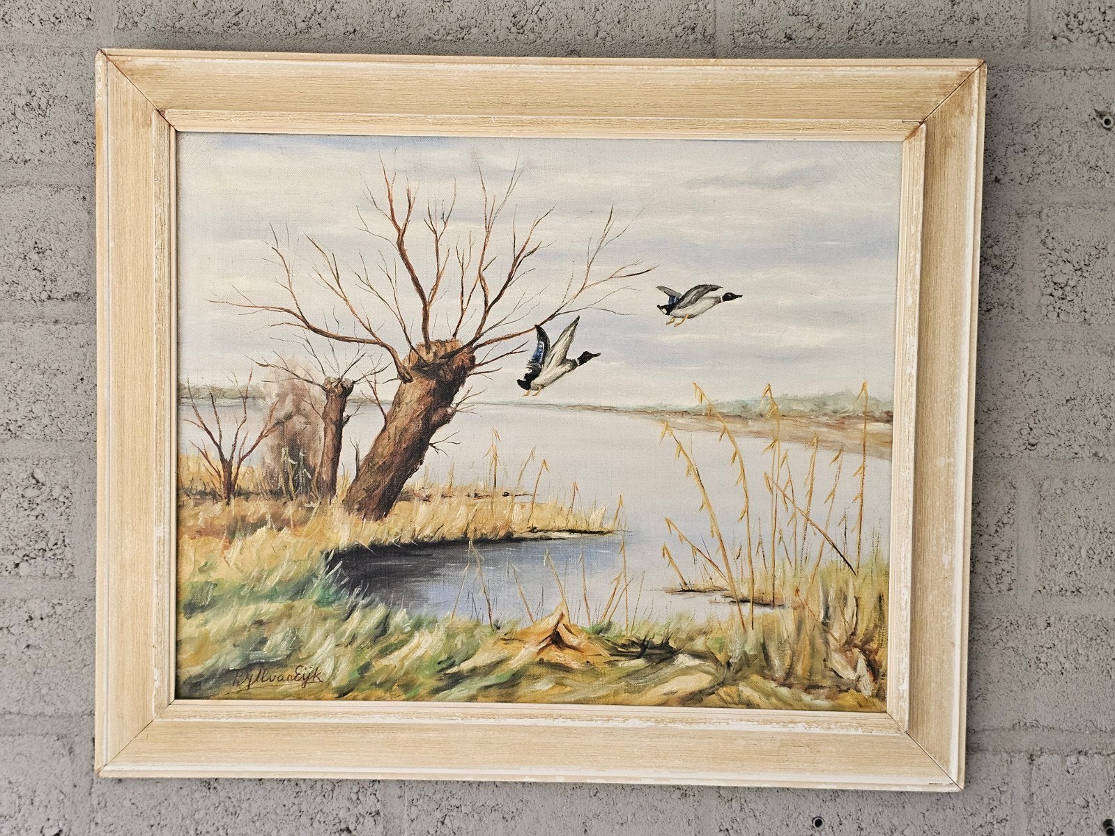 Schilderij van R. van Eijk - Eenden boven water (60x50cm), Antiek en Kunst, Kunst | Schilderijen | Klassiek, Doek, Realistisch