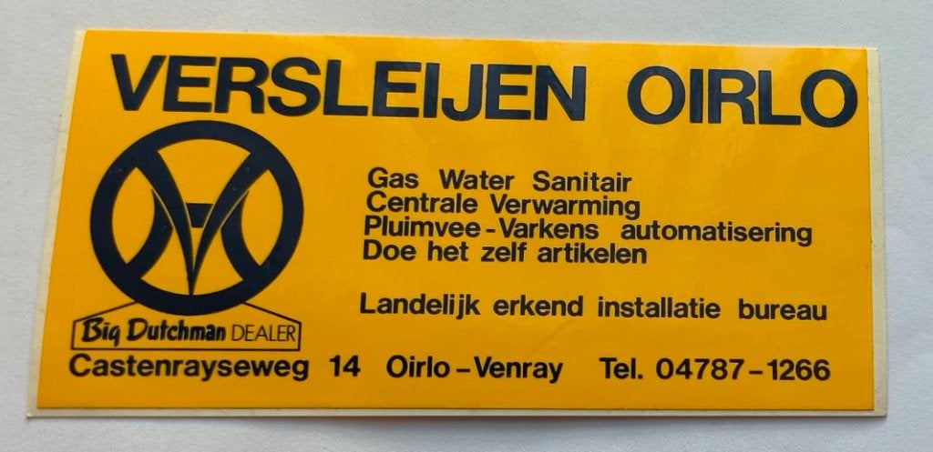 Sticker Versleijen gas/water/sanitair/pluimvee-varkens Oirlo, Ophalen of Verzenden, Zo goed als nieuw, Bedrijf of Vereniging