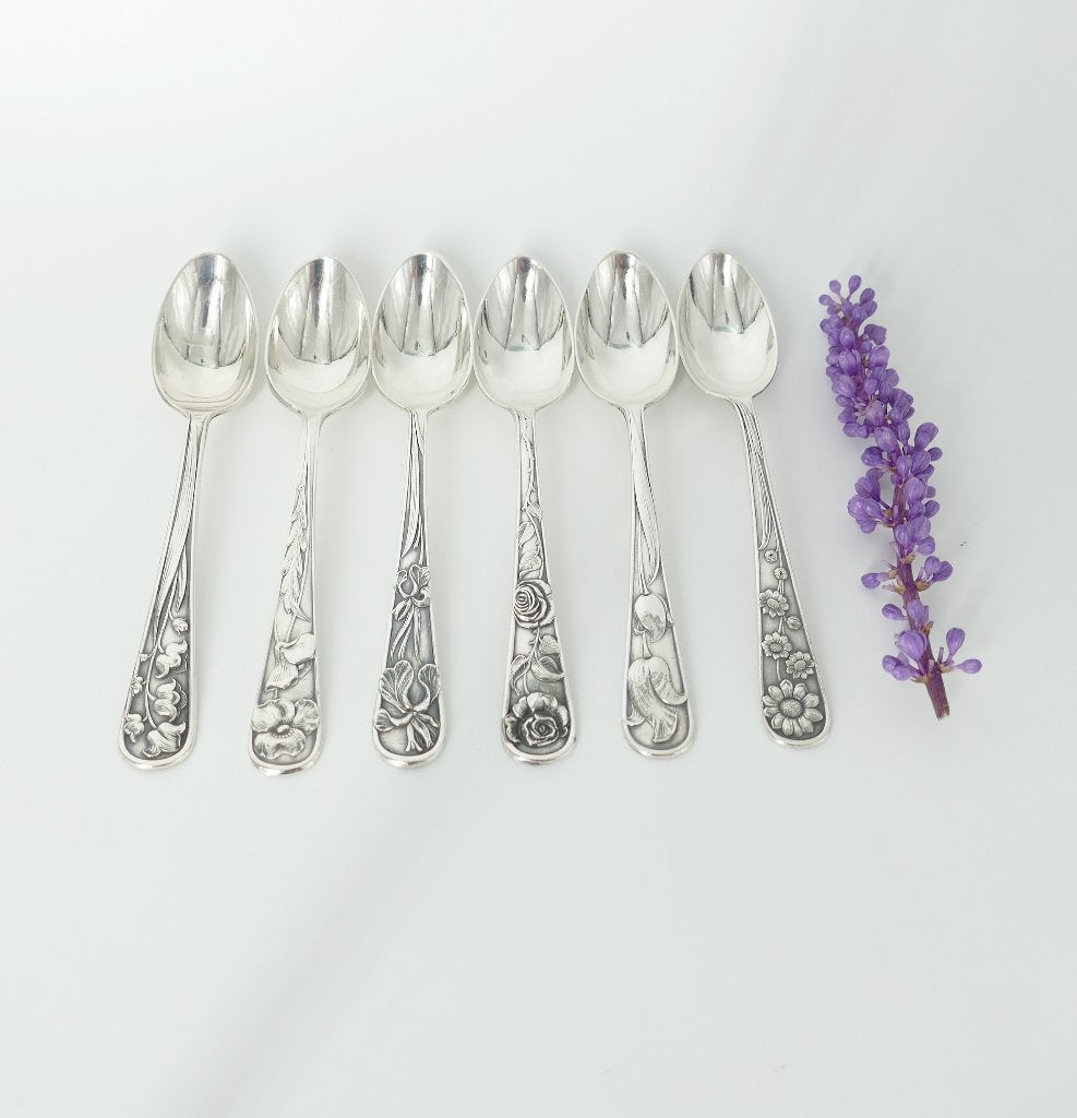 Gero - Set van 6 verzilverde koffielepels met bloempatronen, Ophalen of Verzenden