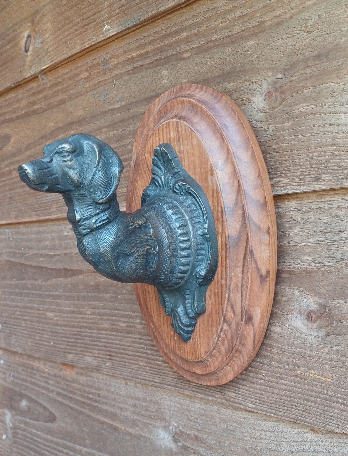 bronzen hondkop op eikenhout., Ophalen of Verzenden