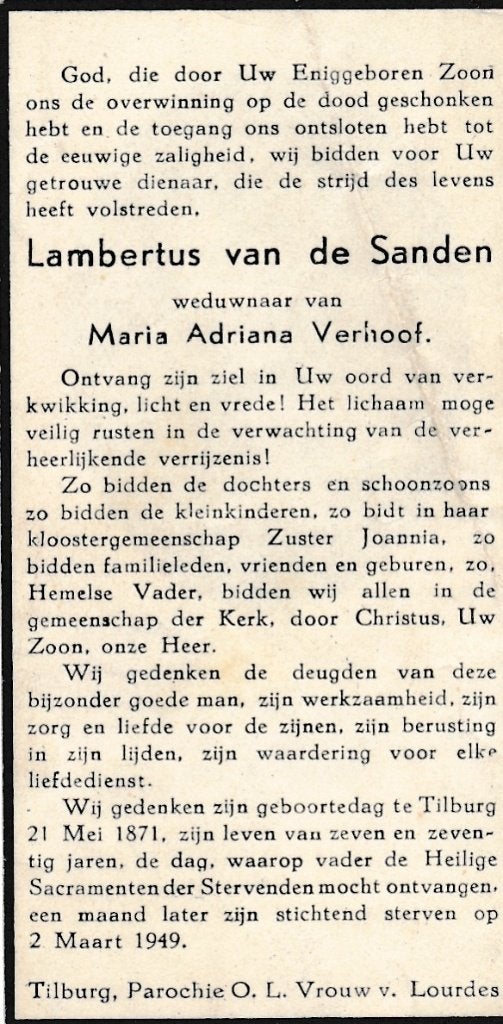 Sanden Lambertus 1871 Tilburg 1949, Ophalen of Verzenden, Bidprentje