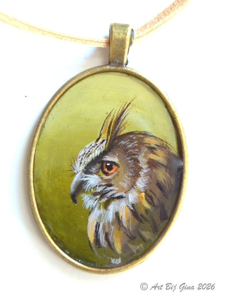 Portret van een uil geschilderd op een metalen hanger, Ophalen of Verzenden